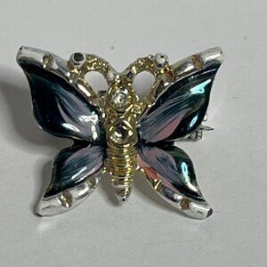 VTG Small Butterfly Brooch w/Dark Enamel Wings Rhinestones Silver-Tone .75"